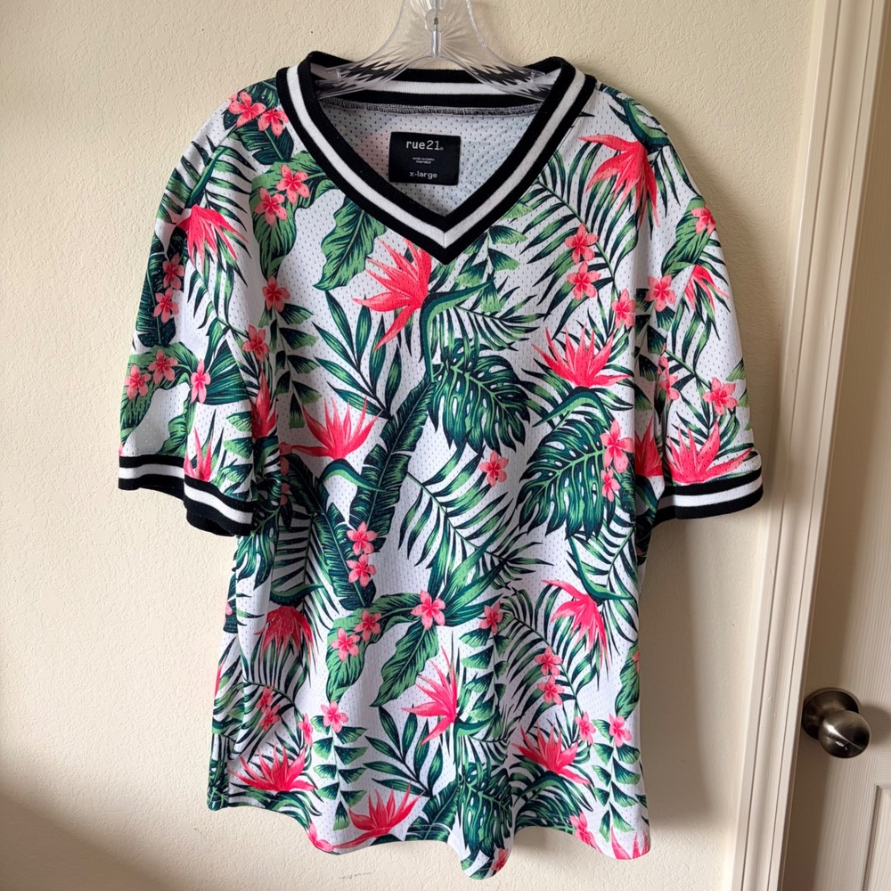 rue21 White Tropical Floral Mesh Jersey Shirt XL Streetwear Summer Festival